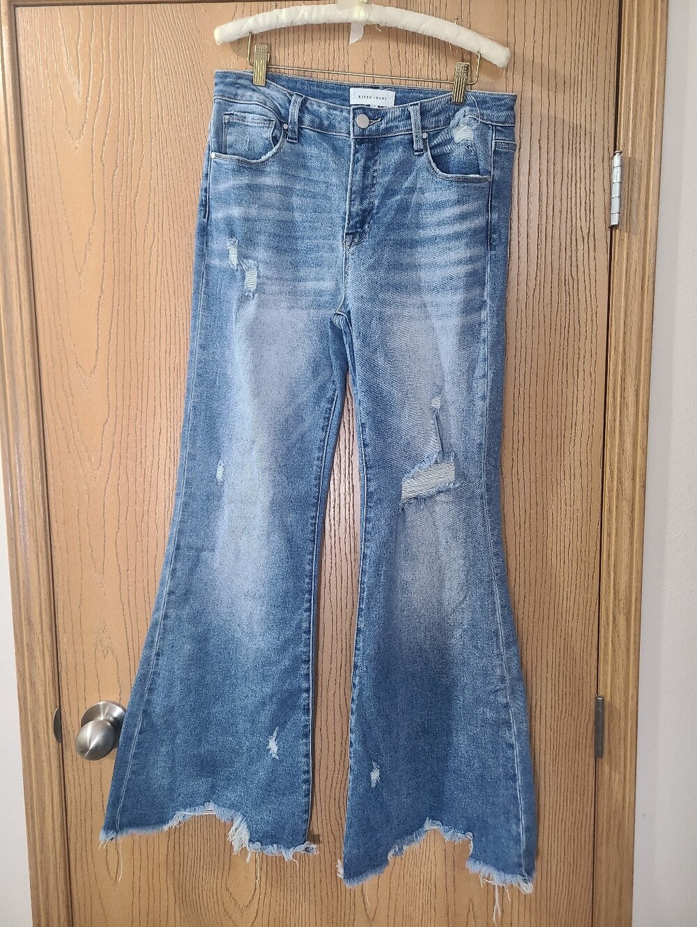 Risen Jeans High Waist Distressed Medium Wash Frayed Hem Flare Jeans